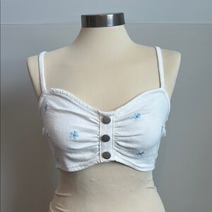 Blue Blush White Crop Top with Blue Floral Accents